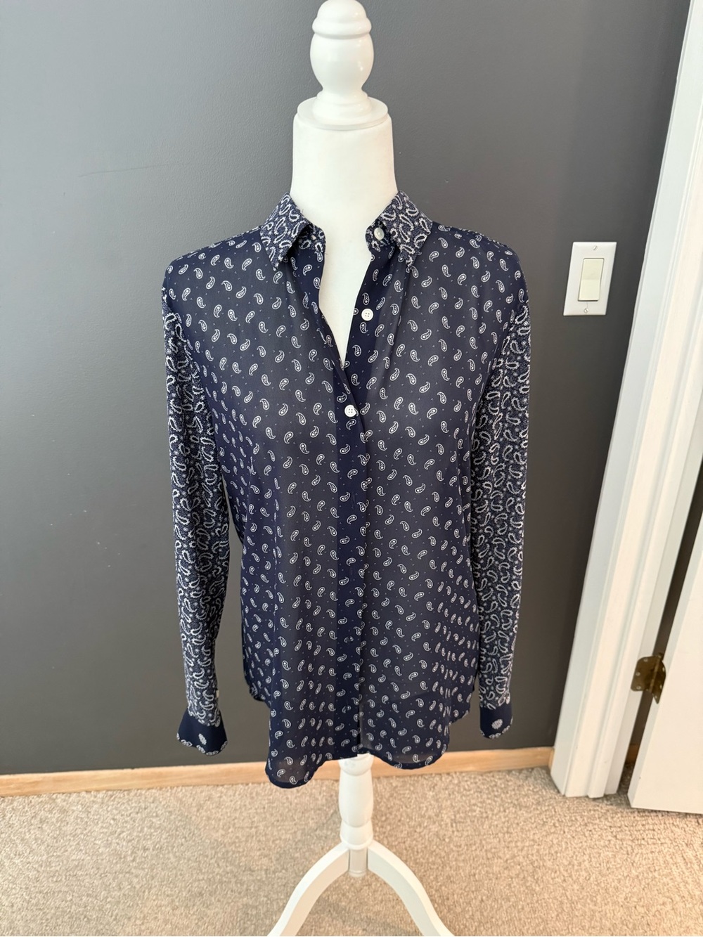 Michael Kors Sheer Navy Paisley Button-Up Shirt
